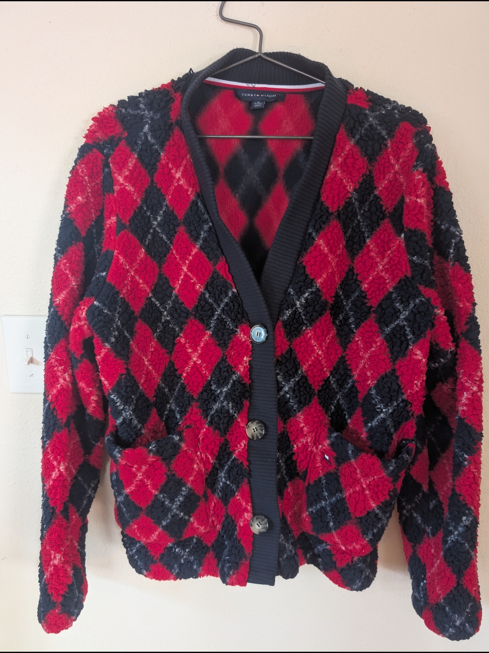 Tommy Hilfiger Red & Navy Blue Argyle Button Cardigan XL